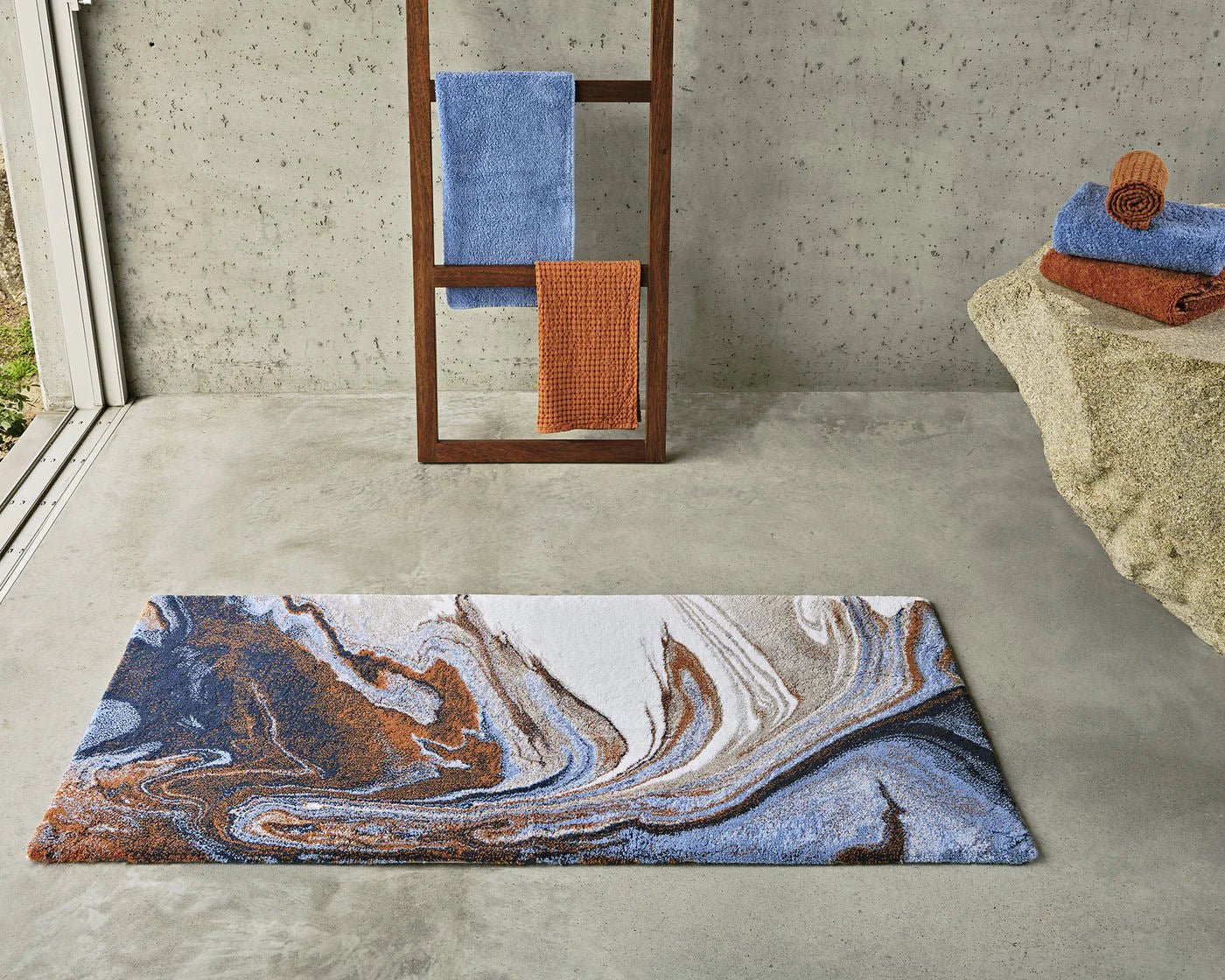 VINCE Abyss Habidecor Blue and Caramel Bath Mat - |VESIMI Design| Luxury and Rustic bathrooms online